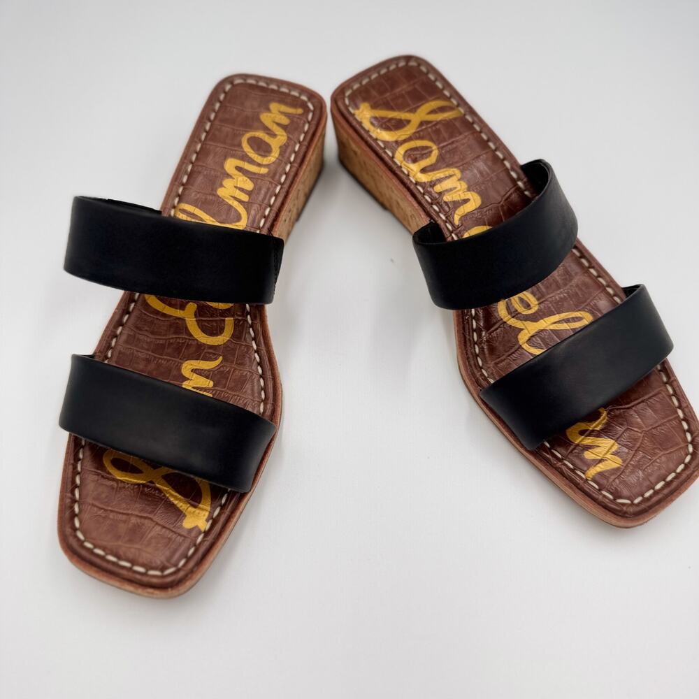 Sam Edelman Vena Black Leather Cork Wedge Slide Sandal Double Strap 8.5 EU 38.5 - Picture 16 of 16